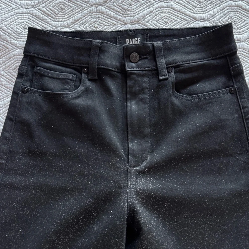 PAIGE Women's Sasha Coated Black Silver Glitter Luxe Wide-Leg Jeans Size 27